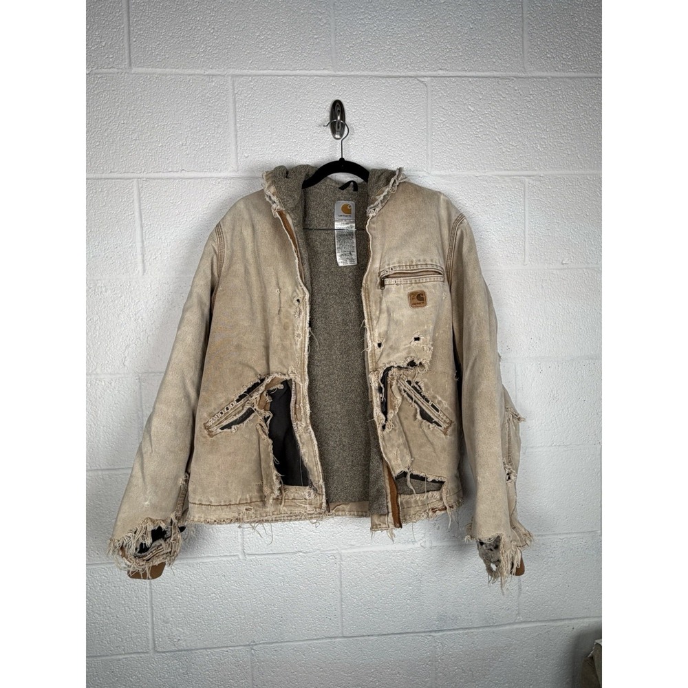 Carhartt J141 Sierra Jacket Mens Large Brown Sherpa Lined Distressed Thrashed